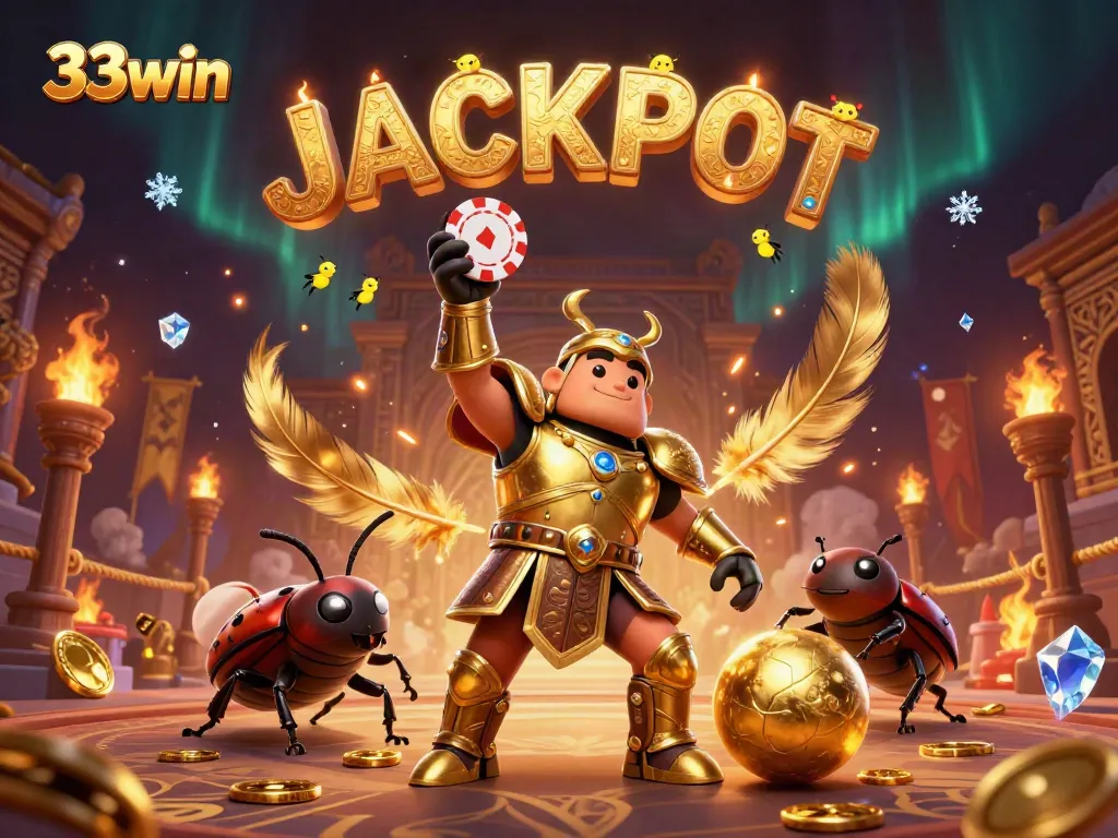 Engage with the thrilling world of 33win as beetle champions lift poker chips in a vibrant casino arena.