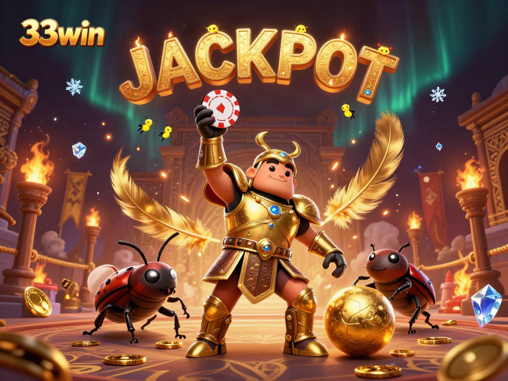 Engage with the thrilling world of 33win as beetle champions lift poker chips in a vibrant casino arena.