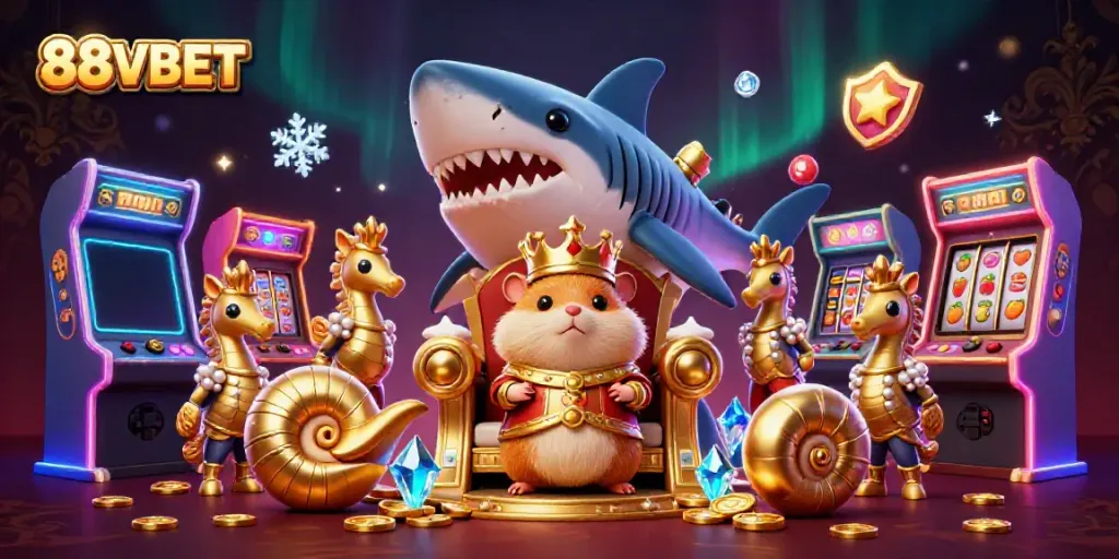 Experience exciting gaming with 88VBET as a golden hamster king reigns over a vibrant casino realm.