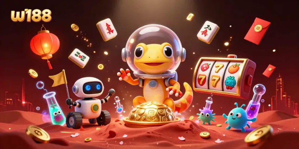 Experience w188's exciting golden casino in a vibrant Martian adventure with alien elements.