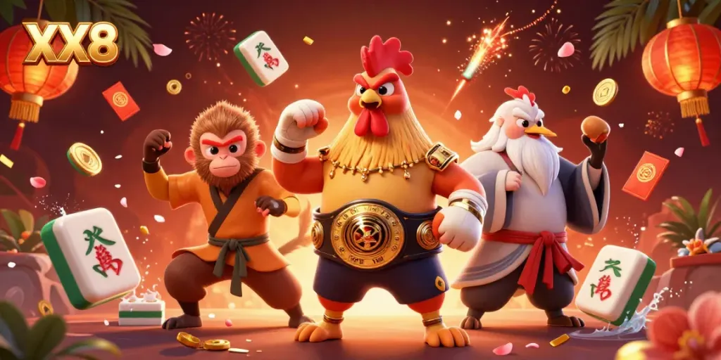 Engage with the vibrant action of XX8 as Rooster, Monkey, and Crane celebrate with golden casino tiles.