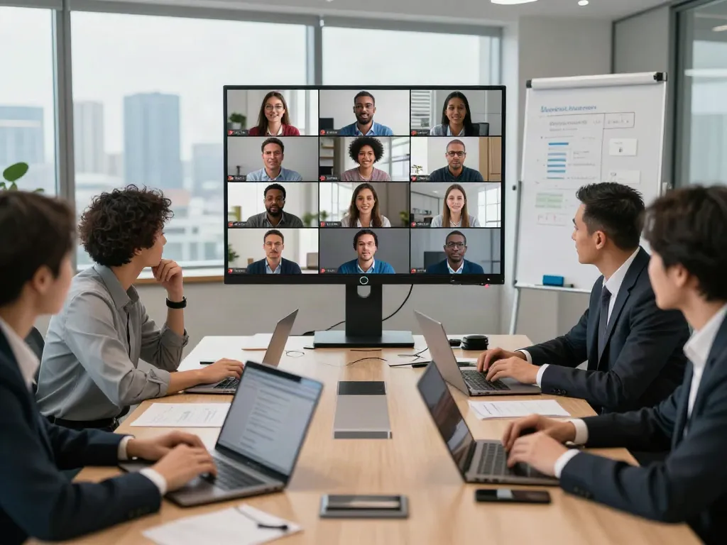 Deepfake protected Online Video Calls, Meetings and Conferencing scene with a diverse team collaborating in a modern office.
