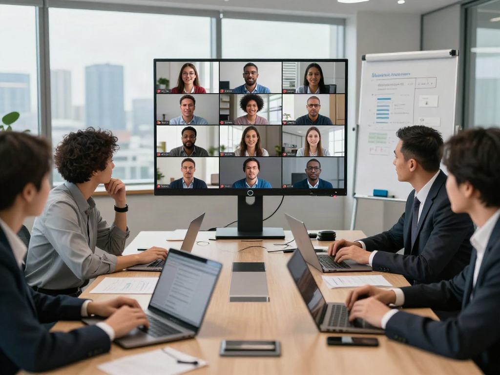 Deepfake protected Online Video Calls, Meetings and Conferencing scene with a diverse team collaborating in a modern office.