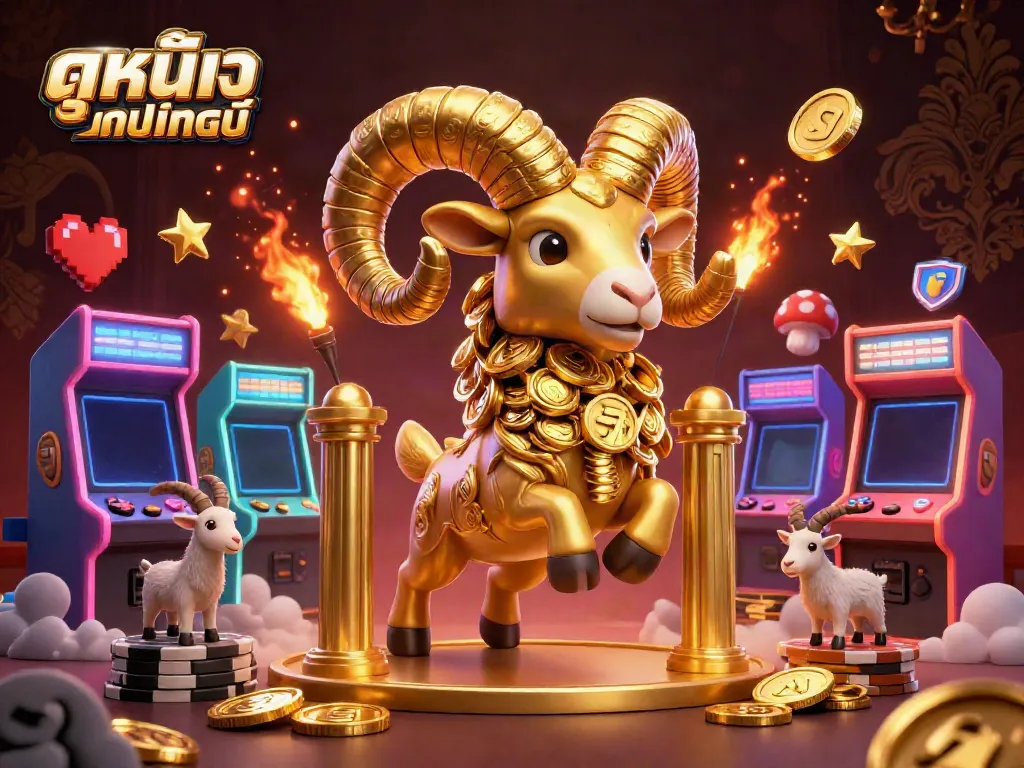 Engage with ดูหนังออนไลน์ while winning in a vibrant casino-themed 3D scene featuring a golden ram and dynamic game elements.