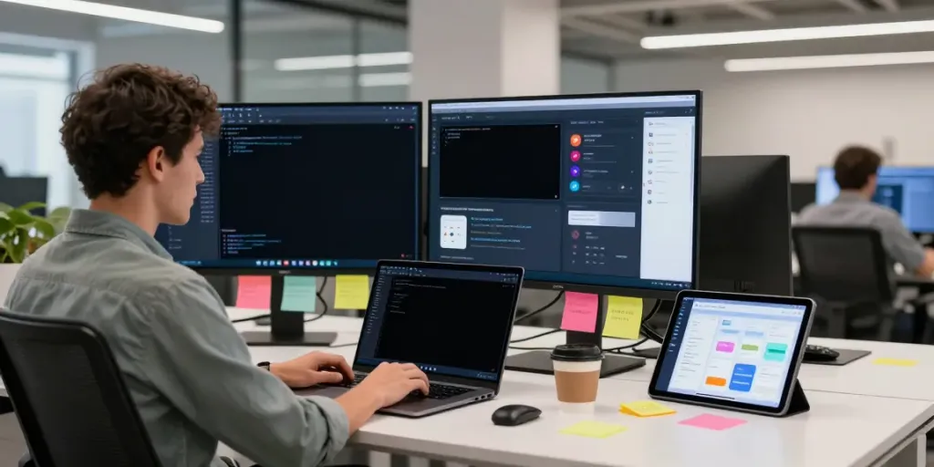Developer coding a Mod apk in a vibrant tech workspace with colorful prototypes and sticky notes.