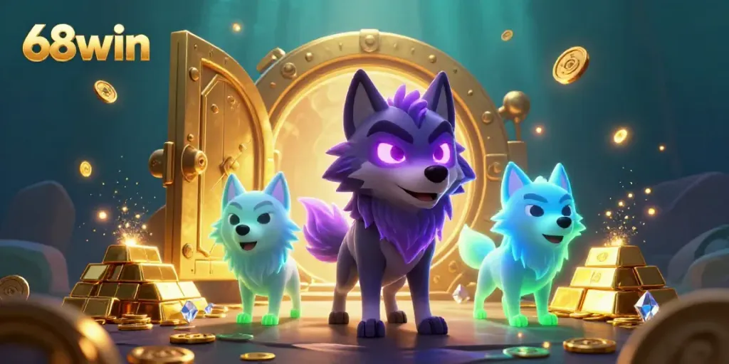 Experience thrilling moments in 68win's treasure-filled casino world with glowing characters and sparkles.