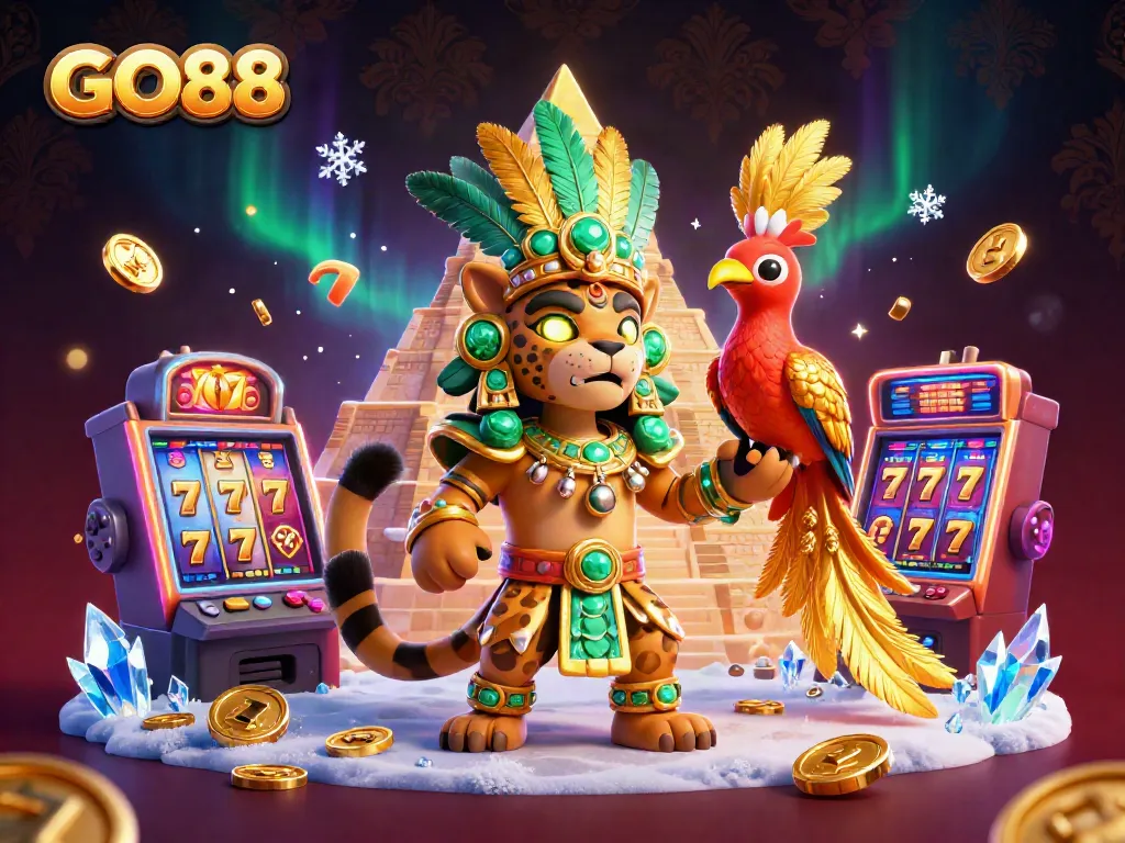 Experience the thrilling action of GO88 with vibrant 3D slot machines and characters in an exciting casino scene.