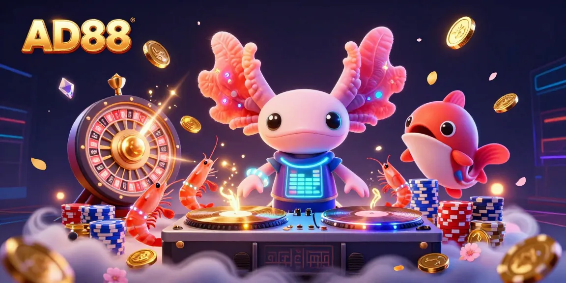 Experience AD88's vibrant casino scene with a neon-colored axolotl DJ and dynamic gaming elements.