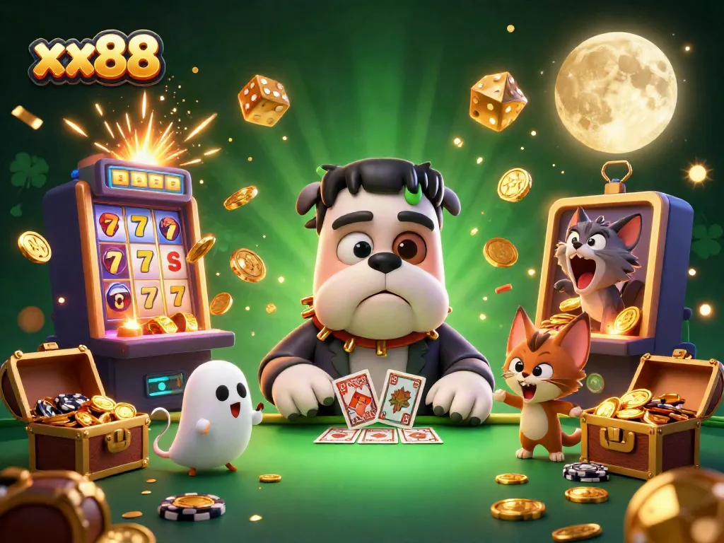 Experience thrilling card games with xx88 featuring a vibrant 3D illustration of a Frankenstein bulldog dealer.