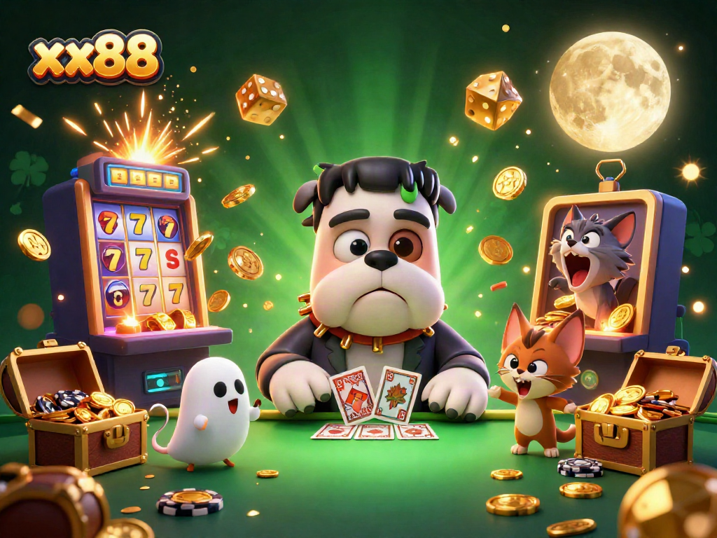Experience thrilling card games with xx88 featuring a vibrant 3D illustration of a Frankenstein bulldog dealer.