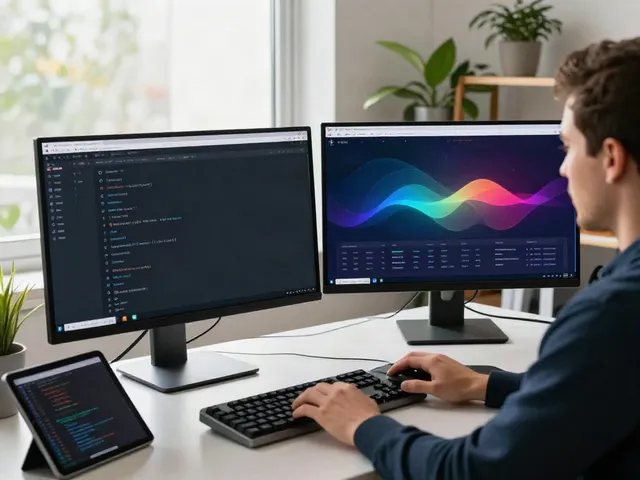 Web developer managing a comprehensive 링크모음 site in a modern office.