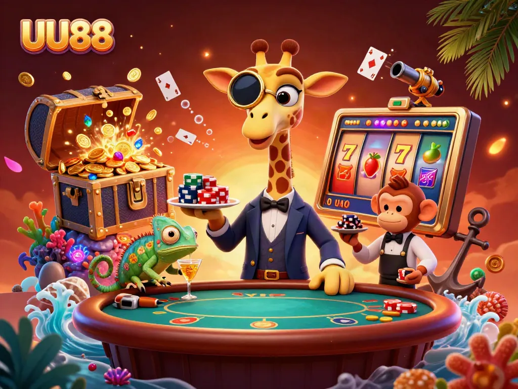 Experience the thrill of winning at UU88 with a high-roller giraffe and vibrant casino elements.