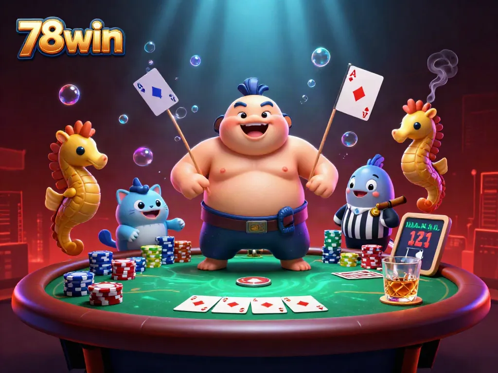 Join the playful action at 78win with a unique underwater poker scene featuring a fugu and catfish referee.