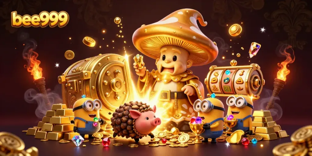Experience thrilling gameplay at bee999 with a magical golden mushroom wizard amidst treasures and slot reels.