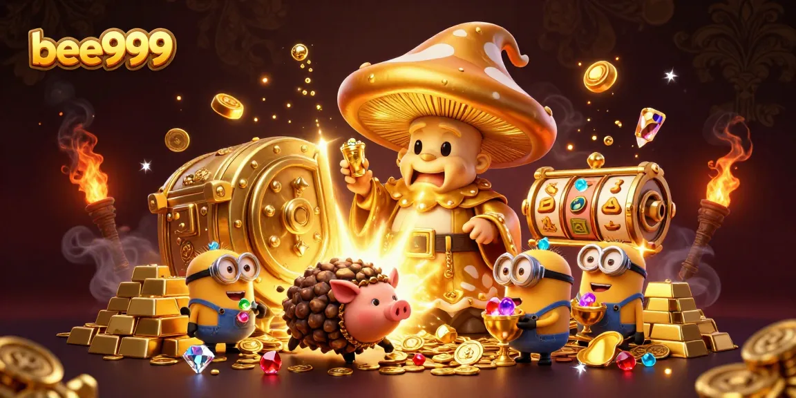 Experience thrilling gameplay at bee999 with a magical golden mushroom wizard amidst treasures and slot reels.