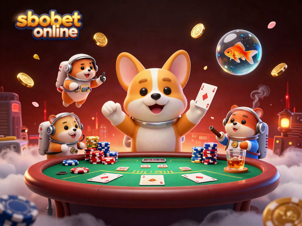 Experience sbobet online thrill in a dynamic 3D scene with corgi astronaut, floating poker chips, and mission-control hamster.