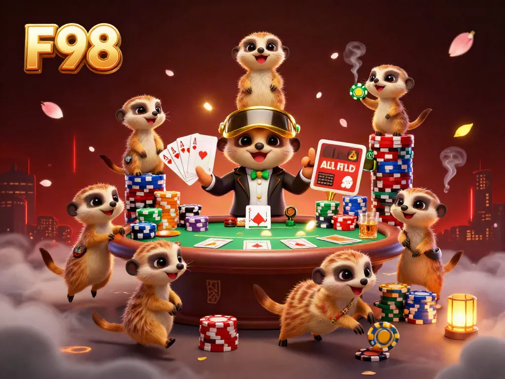 Engage with the vibrant F98 casino scene featuring meerkats at play, showcasing poker elements.