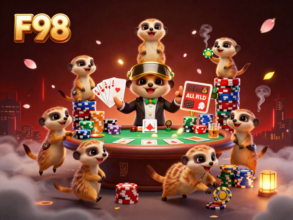 Engage with the vibrant F98 casino scene featuring meerkats at play, showcasing poker elements.