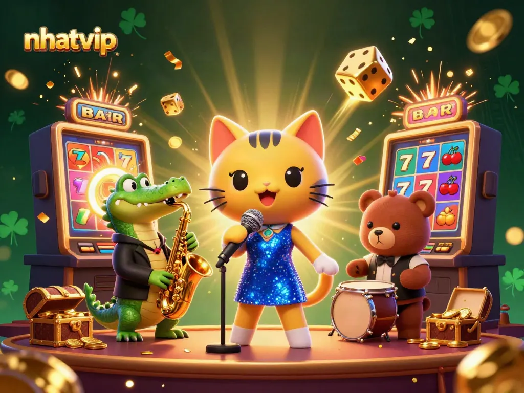 Experience nhatvip excitement as cartoon characters perform amidst casino games and jackpots.