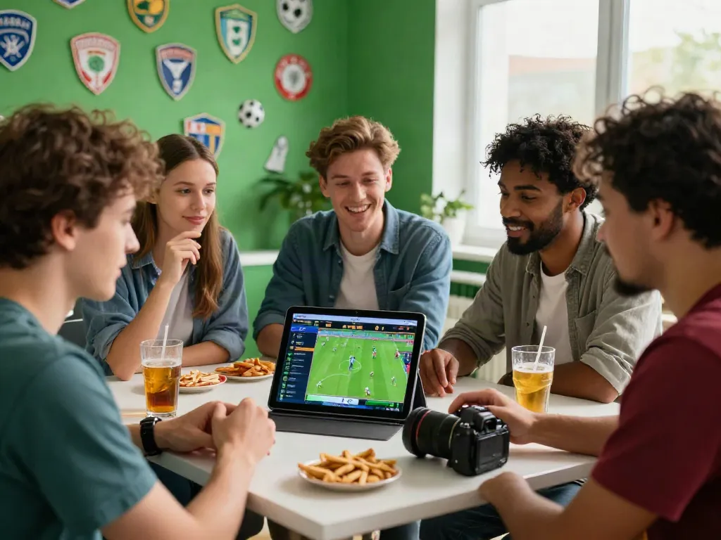 Exciting WWBOLA sports betting scene with diverse individuals tracking live soccer matches and odds