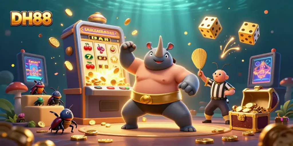 Experience the excitement at DH88 with a dynamic slot scene featuring charming characters and casino elements.