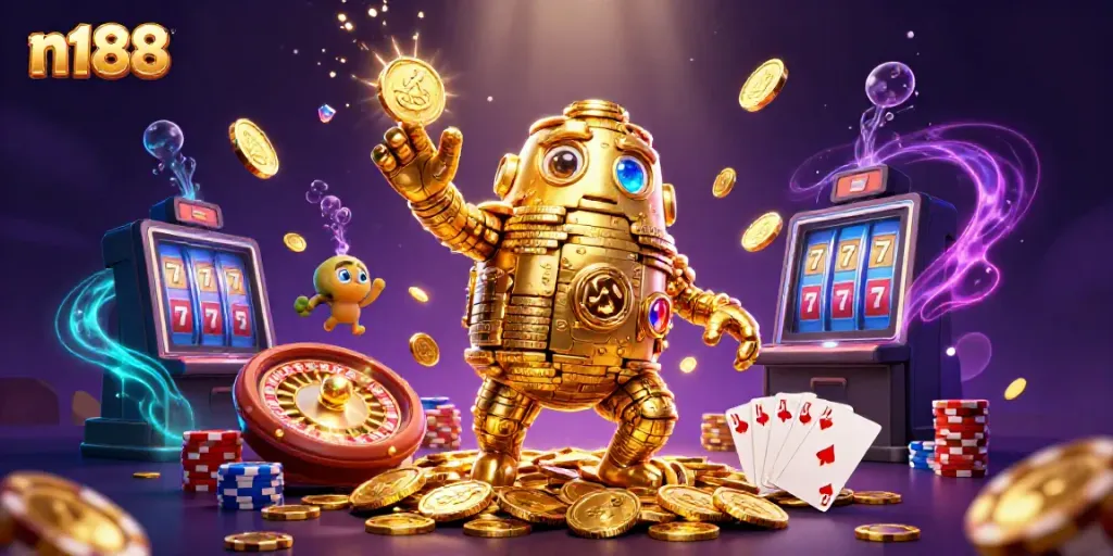 Experience the excitement of gaming at n188 with a whimsical golden golem and bursting slot symbols.