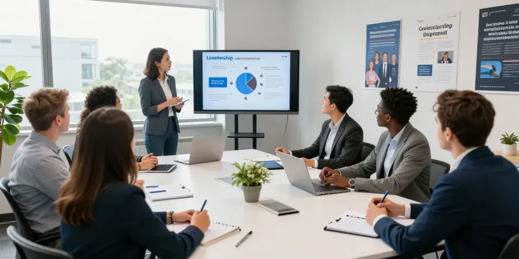 Leadership training for organizations in a collaborative corporate workshop with engaged professionals.