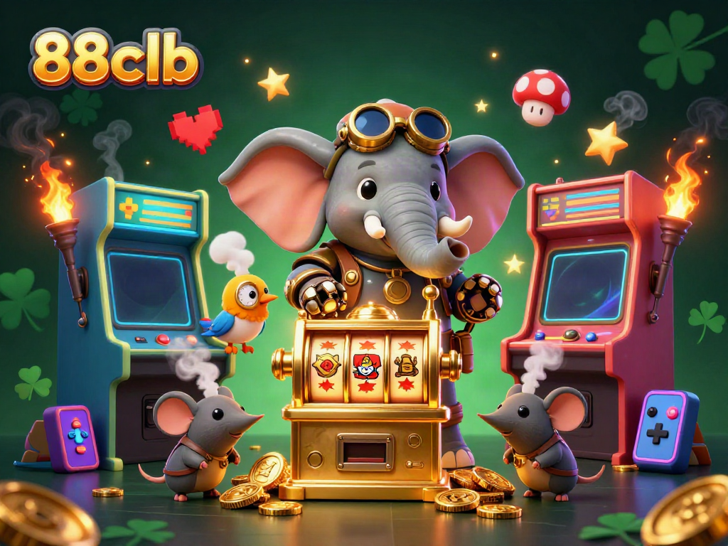 Experience the excitement at 88clb with a 3D steampunk elephant engineer operating a golden slot machine.