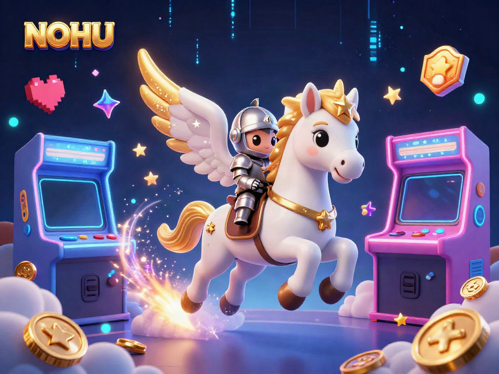 Experience joyous wins at NOHU with a captivating 3D casino scene featuring whimsical characters amidst vibrant game elements.