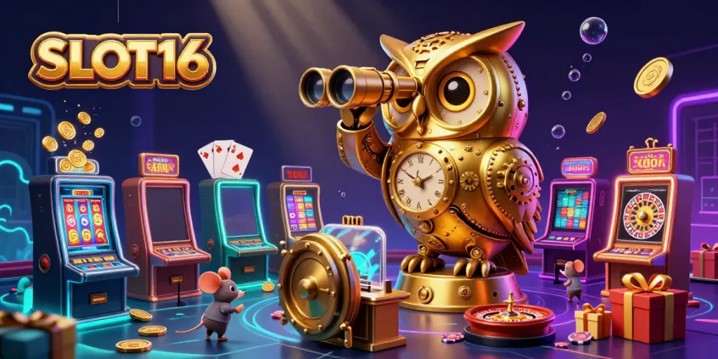 SLOT16 brings excitement with a colorful casino scene featuring a golden owl, dynamic slot games, and lively patrons.