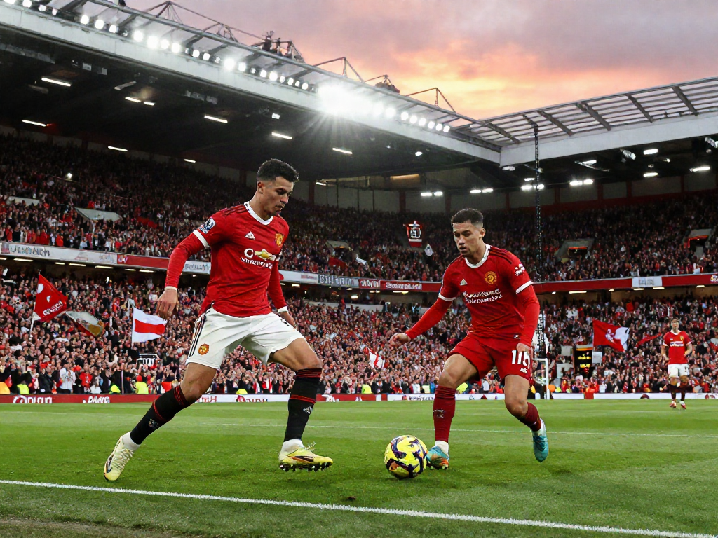 Manchester United vs Liverpool match featuring players in dynamic action with cheering fans in background, symbolizing football rivalry.
