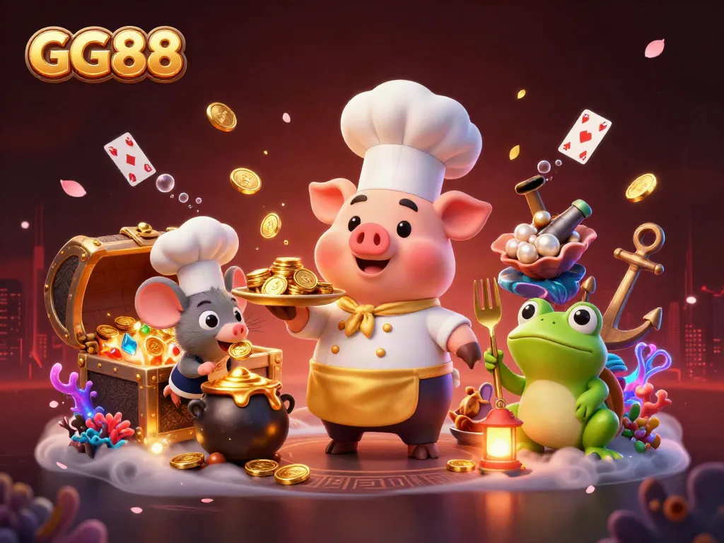 Play exciting games at GG88 with chefs serving gold coins, capturing a lively casino atmosphere.