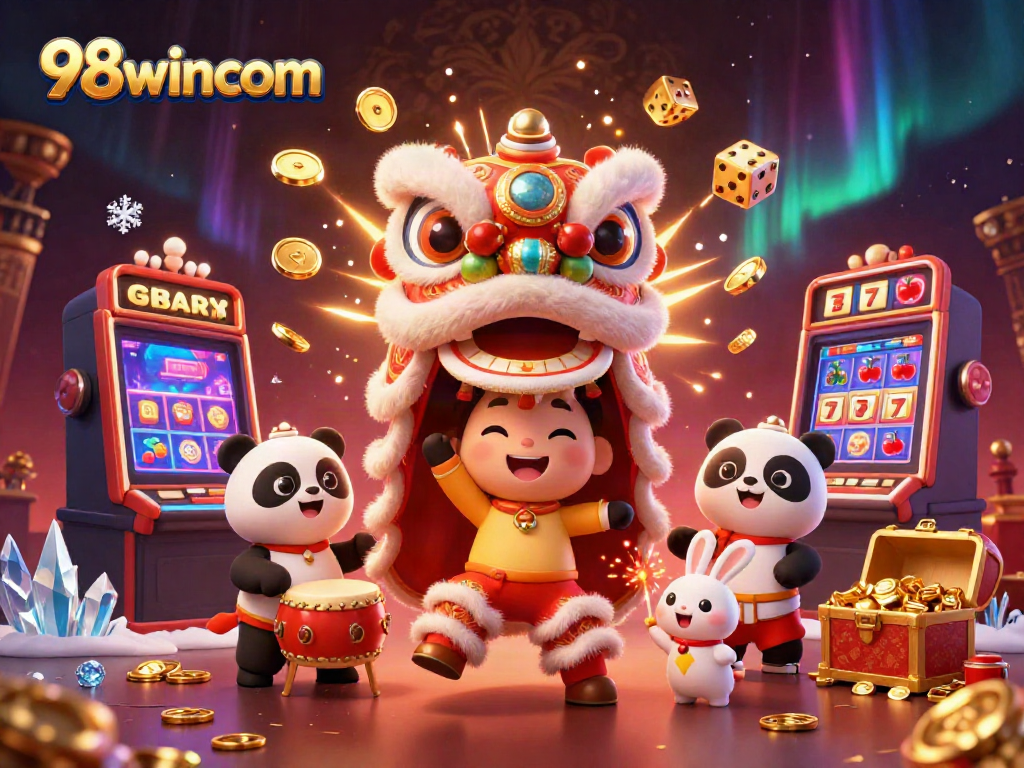 Win big with 98wincom featuring a festive lion dance, panda, and rabbit near a jackpot.