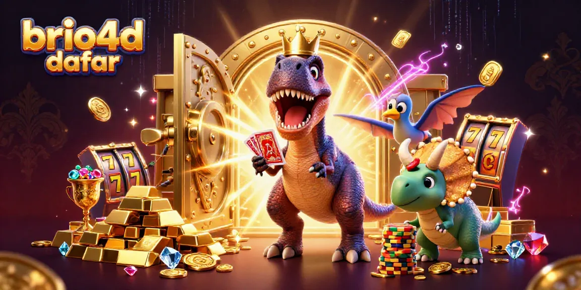 Experience thrilling gameplay with brio4d daftar as the cartoon T-Rex shuffles cards surrounded by treasures.