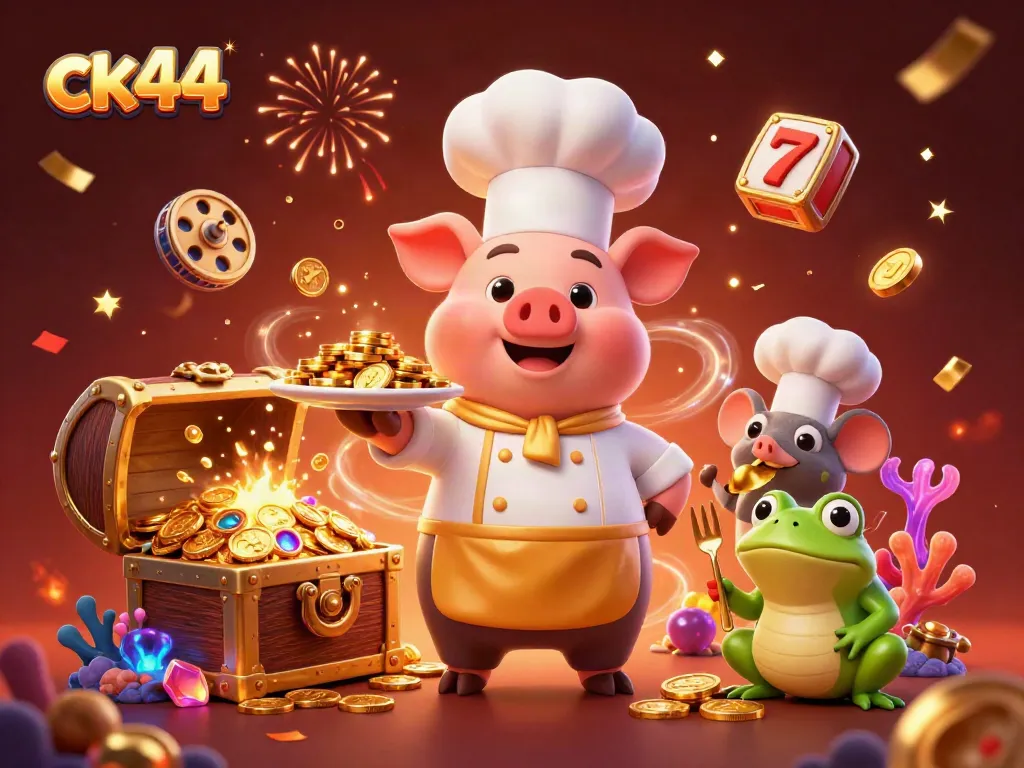 Catch exciting gameplay with ck44, featuring a chef pig serving gold coins amidst vibrant casino elements.