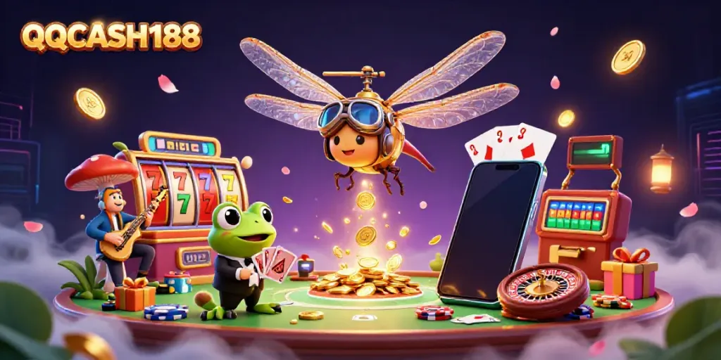 Play and win on QQCASH188 with a vibrant casino scene featuring a dragonfly pilot and frog croupier.