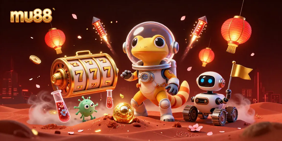 Experience the excitement of mu88 as a Martian gecko explores a golden casino on Mars, surrounded by festive elements.