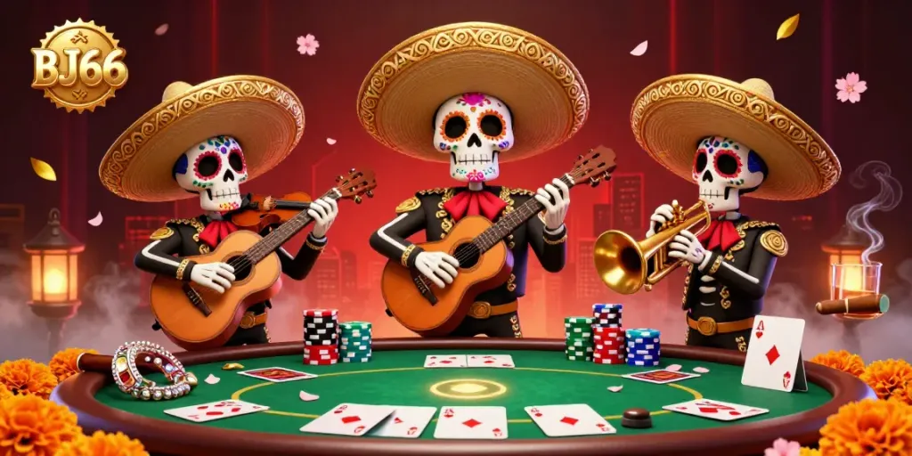 Experience the vibrant spirit of BJ66 with a colorful mariachi band amidst a lively poker scene.