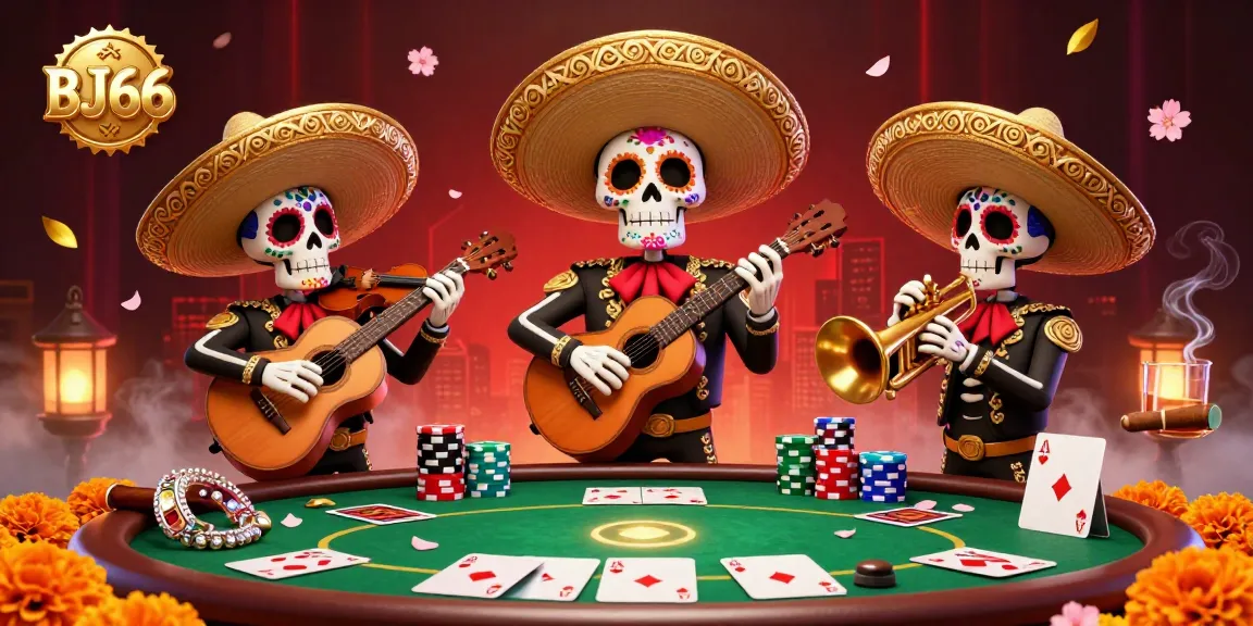 Experience the vibrant spirit of BJ66 with a colorful mariachi band amidst a lively poker scene.
