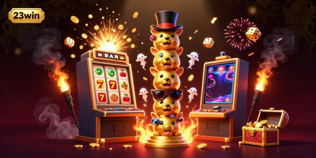 Experience the thrill of 23win with a vibrant casino scene featuring a totem pole and slot machine explosion.