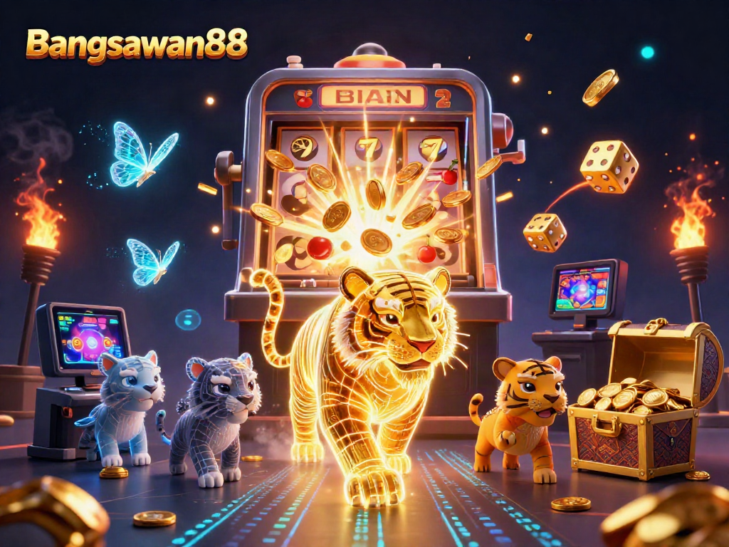 Bangsawan88 showcases a vibrant casino scene with a golden tiger and jackpot elements.