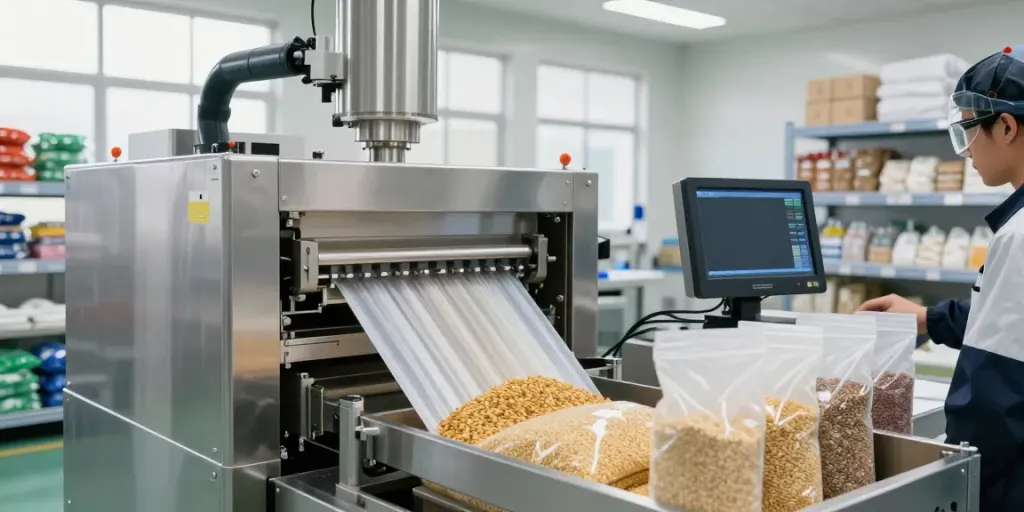 Efficient open mouth bag filling machine at work in a modern industrial facility.