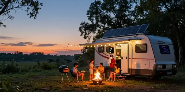 Lithium batteries for RV powering an off-grid campsite with family around an RV during twilight.