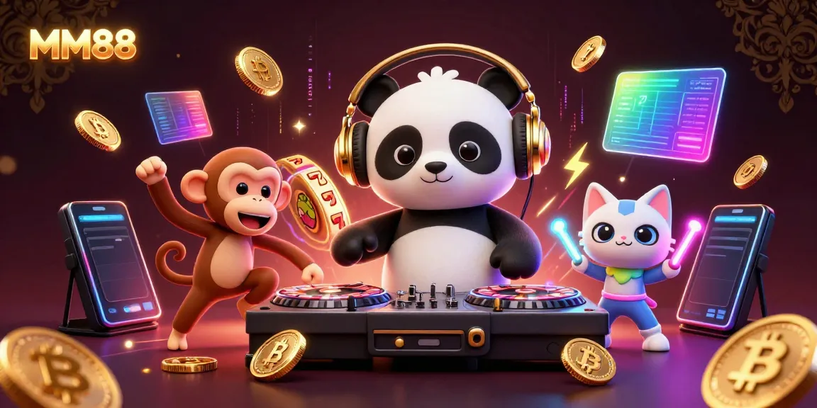 Engage with MM88 in this vibrant casino scene full of lively characters and thematic gambling elements.