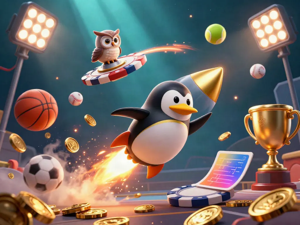 Experience U888’s thrilling casino adventure with a golden penguin racing toward a giant poker chip.