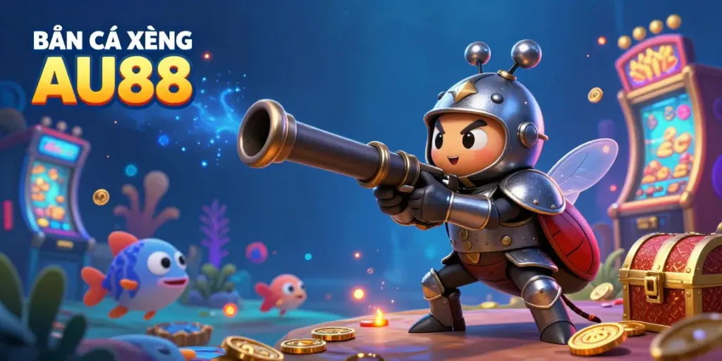 BẮN CÁ XÈNG AU88 cannon game with beetle knight and vibrant sea creatures in a dynamic 3D illustration.