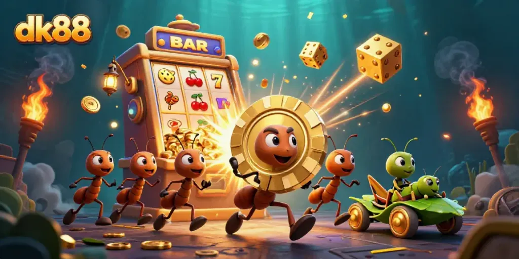 Experience the excitement of dk88 as a cartoon team of ants executes a heist with a golden poker chip in a casino-themed adventure.