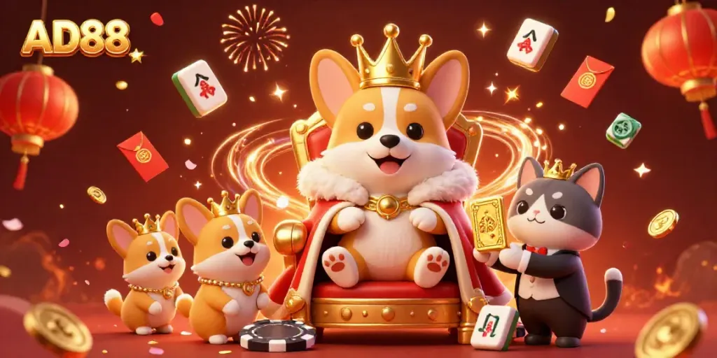 AD88 gaming scene with a royal corgi and casino elements, perfect for online engagement.
